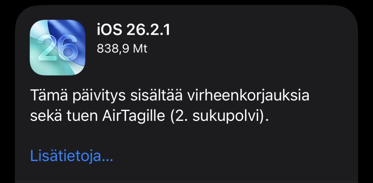 iOS 26.2.1 -päivitys aiheuttanut joillekin iPhone-käyttäjille ongelmia – sovellukset kaatuvat ja akku tyhjentyy nopeasti. 1 iOS 26.2.1 -päivitys aiheuttanut joillekin iPhone-käyttäjille ongelmia – sovellukset kaatuvat ja akku tyhjentyy nopeasti.0
