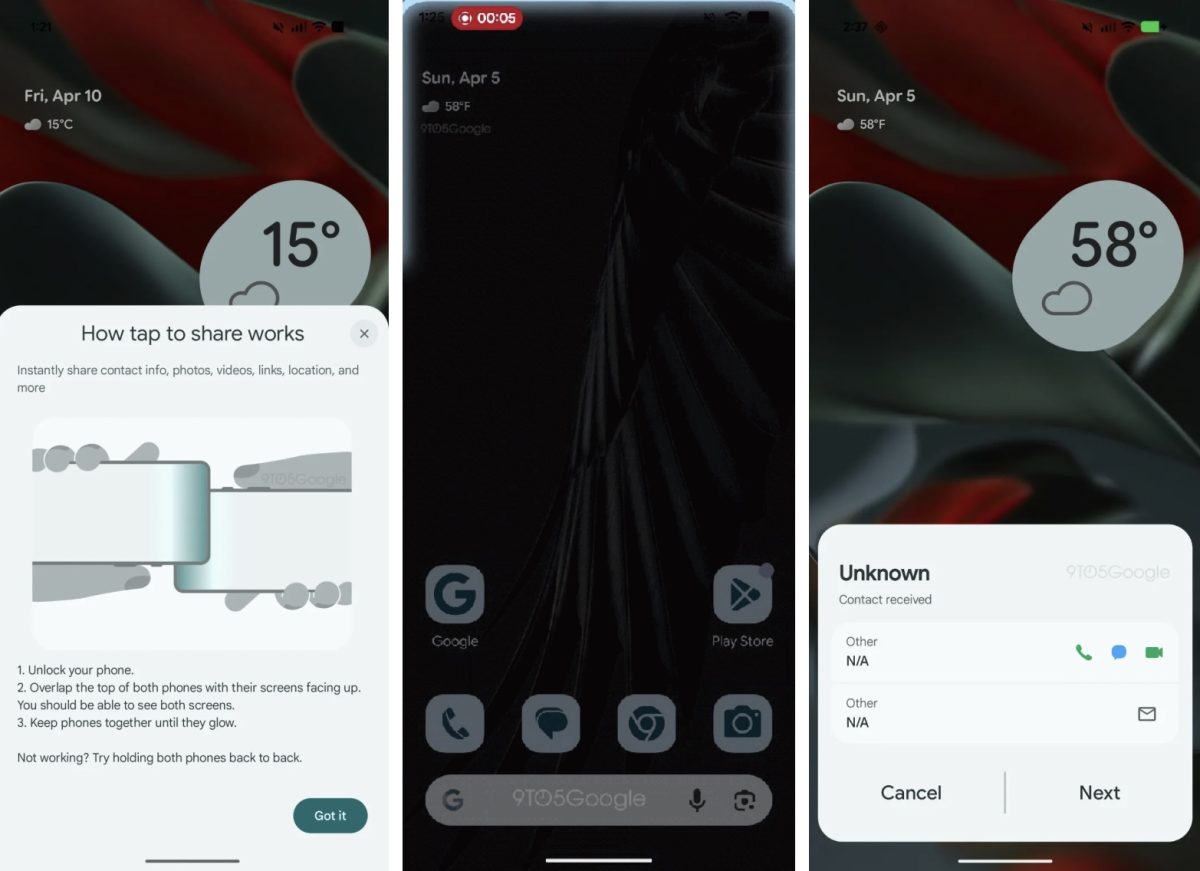 Paljastus: Google työskentelee Androidille uudessa Tap to Share -jakamistoiminnossa – tiedot siirtyvät puhelimien koskettamisella. 1 Paljastus: Google työskentelee Androidille uudessa Tap to Share -jakamistoiminnossa – tiedot siirtyvät puhelimien koskettamisella.0