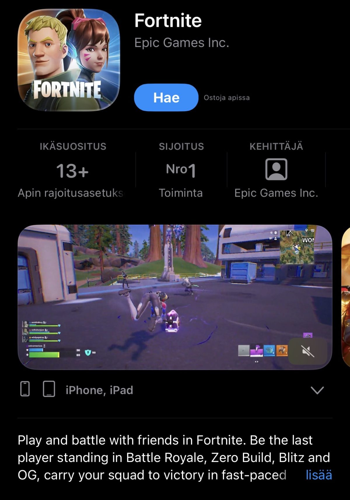 Fortnite on jälleen saatavilla ladattavaksi App Storesta iPhone- ja iPad-laitteille.0