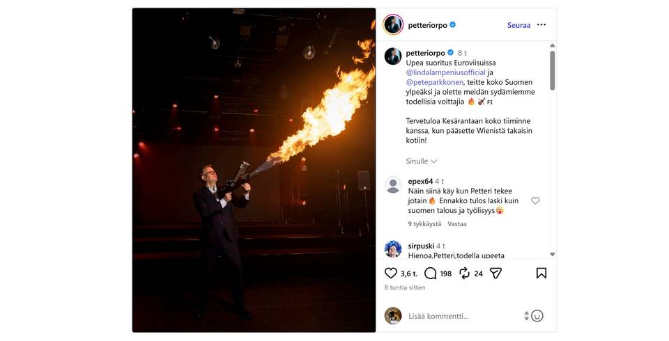 Ruotsalaislehti: Suomen mahdollisuudet voittaa Euroviisut heikkenivät Orpon somevideon myötä. 1