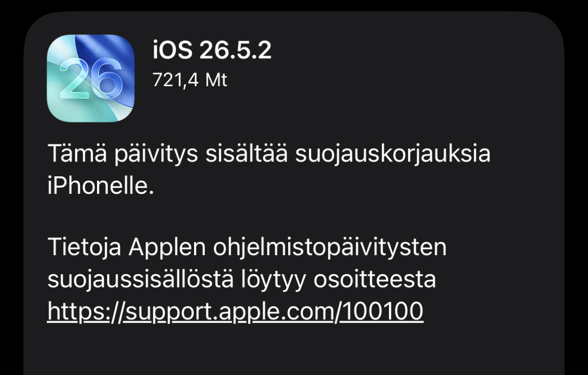 Apple julkaisi tietoturvapäivitykset iPhoneille, iPadeille ja Mac-tietokoneille – iOS 26.5.2 ja muut versiot nyt saatavilla ladattavaksi.0