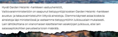 Sähköposti paljastaa: Orpon kabinetti edisti Garden Helsingin tukea vielä syvimmän kohun keskellä 8 Sähköposti paljastaa: Orpon kabinetti edisti Garden Helsingin tukea vielä syvimmän kohun keskellä 7